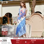 兩三事漫漫花期 2025春季新款森女風鏤空勾花拼布吊帶裙不規(guī)則連衣裙 藍花色 L