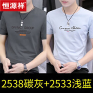 恒源祥圓領(lǐng)短袖T恤男2025夏季新款男裝純棉半袖打底衫上衣服體恤 2538碳灰+2533淺藍(lán) XL【建議130-145斤】
