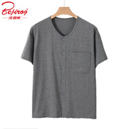 北極絨夏季薄款純棉半袖圓領開衫爸爸中老年短袖家居服睡衣男士上衣單件 深麻灰-短袖上衣 4XL 建議（160-190斤）