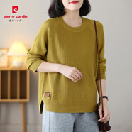 皮爾卡丹（pierre cardin）新款圓領(lǐng)毛衣女寬松韓版新款開叉大碼遮肚顯瘦直筒上衣打底針織衫 秋香黃 S 90斤以下