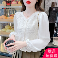 AEMAPE法式復(fù)古鉤花鏤空針織衫女2025早秋冬新款拼接雪紡洋氣長(zhǎng)袖小開(kāi)衫 白色 M