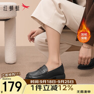 紅蜻蜓樂福鞋25冬季牛皮小皮鞋加絨保暖復(fù)古休閑女鞋WTB436601D黑色39