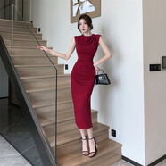 柏歐迪芬奈絲 BORDIFENASI法式氣質(zhì)收腰褶皺包臀連衣裙24夏季新款名媛鉛筆裙 酒紅色 M