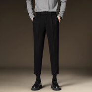 羅蒙（ROMON）秋冬毛呢褲男士寬松休閑褲保暖厚款百搭九分褲呢子西裝長(cháng)褲子 黑色九分 32 【建議135-145斤】