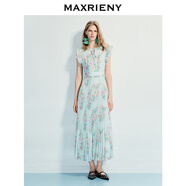 MAXRIENY【方媛同款】藍(lán)星花連衣裙優(yōu)雅小飛袖百褶氣質(zhì)收腰長(zhǎng)裙夏 粉花 M