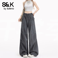 班尼路（Baleno）S&K系列美式復古灰色工裝闊腿休閑褲男女高腰寬松垂感直筒長(cháng)褲子 深灰 2XL