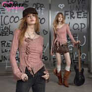 UNIFREE25年秋款甜酷辣妹立體花朵裝飾喇叭袖長(cháng)袖T恤 粉色  XL 