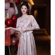 賽詩歐粉色敬酒服新娘旗袍新中式訂婚禮服連衣裙高級感結婚套裝改良秋冬 粉色GR2460中袖 XS