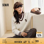 森馬毛衣女撞色V領(lǐng)寬松落肩文藝冬季潮流字母絞花上衣復古學(xué)院風(fēng) 白色調00311 XL 170/92A