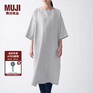 無印良品 MUJI 女式 法國亞麻水洗 七分袖連衣裙 412688 BCL06C1S 灰色 L