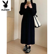 花花公子（PLAYBOY）新品感紐扣收腰長款加厚毛衣裙女秋冬季大衣打底針織連衣裙奶茶色 黑色-旗艦款 S _建議80-95斤