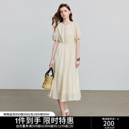 初語輕復古收腰連衣裙女2025夏季新款圓領燈籠袖肌理感簡約裙子 米白色 L