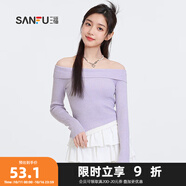 三福毛衣2025秋季蕾絲斜下擺一字肩優(yōu)雅上衣女裝496694 淺紫色 M
