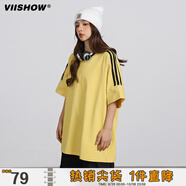 威秀拼接撞色美式重磅三條杠短袖T恤女男春夏季潮牌寬松情侶純棉半袖 黃色 S