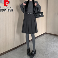 皮爾卡丹（pierre cardin）灰色毛呢復古百褶半身裙女秋冬2025新款高腰a字五分中裙西裝裙子 灰色 配腰帶 S