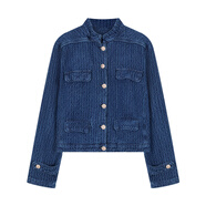 以純（YISHion）牛仔小香風(fēng)外套女裝春季寬松小眾肌理感立領(lǐng)藍色夾克百搭氣質(zhì)上衣 牛仔藍 S