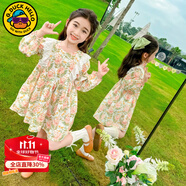 G.DUCKKIDS小黃鴨女童連衣裙春秋兒童公主裙女寶寶洋氣碎花裙春裝泡泡袖裙子 長袖美膩花朵 90 尺碼1~2歲【 80-90cm】