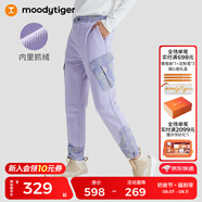 moodytiger兒童褲子舒適保暖秋冬款男童長(zhǎng)褲休閑拼接抓絨彈力印花女童運(yùn)動(dòng)褲 薰衣草紫 120