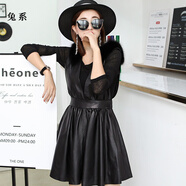 兔系真皮連衣裙女2025新款秋冬狐貍毛V領(lǐng)背心裙綿羊皮A字大擺裙中長(cháng)款 黑色 M