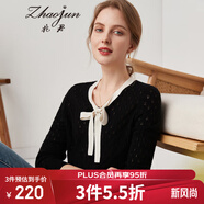 兆君秋冬圓領(lǐng)長(cháng)袖羊毛衫女鏤空系帶針織毛衣 午夜黑 M