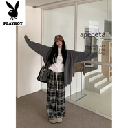 花花公子（PLAYBOY）新品大尺碼胖mm寬松顯瘦格子休閑 灰色毛衣-旗艦款 M (建議80~100斤)