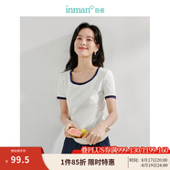 茵曼（INMAN）撞色羅紋棉女裝U領(lǐng)短袖T恤修身氣質(zhì)休閑通勤2025夏季新款短款上衣 牙白色-新 S