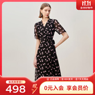 敦奴（DUNNU）dunnu敦奴夏季新款斜襟V領(lǐng)泡泡袖一片式印花連衣裙 正黑色 2XL