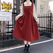 初徑學(xué)院風(fēng)紅色燈芯絨長(cháng)裙少女冬季小個(gè)子假兩件襯衫連衣裙保暖過(guò)膝裙 紅色 S