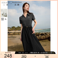 三彩大碼女裝2025夏季新款假兩件翻領(lǐng)連衣裙顯瘦短袖腰帶通勤胖MM