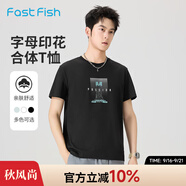 快魚休閑寬松短袖t恤男2025年夏季圓領(lǐng)簡(jiǎn)約印花青少年大碼短袖上衣潮 黑色15T1029 M