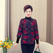 歌班婭中老年駝絨媽媽冬季半袖女裝棉衣加厚內膽中袖保暖馬甲坎肩外套 中袖馬甲紅荷葉花 6XL （體重160-170斤左右）