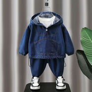 男童秋裝套裝2024新款時髦寶寶韓版連帽牛仔衣兒童春秋款兩件套潮 藍色 90