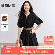 尚都比拉波西米亞純棉系帶V領(lǐng)連衣裙女夏季荷葉邊落肩袖A字裙浪漫中裙