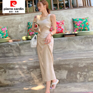 皮爾卡丹一片式系帶收腰連衣裙女韓國復古法式冷淡風(fēng)開(kāi)叉無(wú)袖棉麻吊帶長(cháng)裙 杏色 均碼 【建議90-155斤】