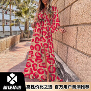 雄捷歐美風(fēng)印花波西米亞沙灘長(zhǎng)裙休閑度假 紅色豹紋 S
