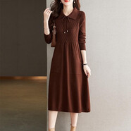 皮爾卡丹（pierre cardin）娃娃領(lǐng)針織毛衣裙女中長(cháng)款polo領(lǐng)連衣裙秋冬季新款純色打底過(guò)膝 淺咖色 2XL 125-135斤