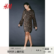H&M女裝連衣裙秋季時(shí)尚晚派對圓領(lǐng)長(cháng)袖亮片連衣裙1204941 古銅色 160/88
