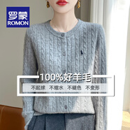 羅蒙（ROMON）純羊毛衫圓領(lǐng)螺紋刺繡外套女春秋款新款顯瘦大碼秋冬針織開(kāi)衫毛衣 100%好品質(zhì)-灰色-女裝十大品牌 M (90-105斤)