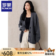 羅蒙（ROMON）針織衫女韓版時尚高級感開衫慵懶寬松中長款純羊毛加厚毛衣外套女 灰色 均碼
