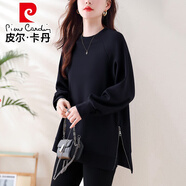 皮爾卡丹（pierre cardin）爆款休閑網(wǎng)紅衛衣女長(cháng)袖秋季新款寬松時(shí)髦兩側拉鏈中長(cháng)款打底衫潮 黑色  4XL 【建議160-180斤】