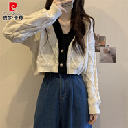 皮爾卡丹（pierre cardin）咖色V領針織開衫女春秋短款高腰長袖秋裝毛衣外套美拉德正肩上衣 米白色【今年流行漂亮/冷淡系獨 M