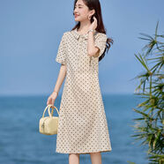 棉麻洋裝女夏季2025新款寬松遮肚減齡媽媽高端亞麻波點(diǎn)裙子 米杏 3XL