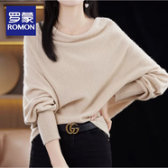 羅蒙（ROMON）秋冬季新款蕩領(lǐng)蝙蝠袖毛絨衫女寬松針織毛衣衫設計感洋氣套頭上衣 米色 as-2115 S 建議80-95斤