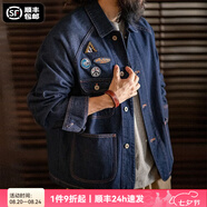 馬登工裝 美式復古刺繡徽章牛仔夾克男秋季重磅水洗翻領(lǐng)休閑外套 牛仔藍 S