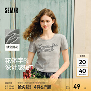 森馬（Semir）短袖T恤女短款字母花邊修身正肩2025夏新款鏤空提花上衣甜美 中花灰00502 L