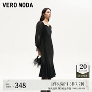 VEROMODA連衣裙秋季女裝新款天鵝絨拼接網(wǎng)紗魚(yú)尾長(zhǎng)裙鉆石領(lǐng)東方簡(jiǎn)奢風(fēng) 紗袖絲絨裙-黑色 2XL