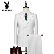 花花公子（PLAYBOY）夏季雙排扣西服套裝男士免燙商務休閑正裝加大碼修身薄款西裝外套 白色 M