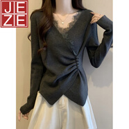 JEZE大碼女裝復古設計感V領(lǐng)蕾絲拼接針織衫女胖MM顯瘦不規則打底毛衣 灰色【z】 M [建議80-100斤]