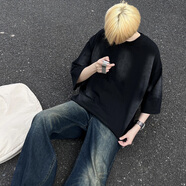 閃爆美式高街水洗短袖恤男夏潮寬松運動(dòng)打底衫恤 黑色 M