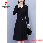 皮爾卡丹（pierre cardin）黑色連衣裙子女士春秋冬季2025年新款氣質(zhì)收腰顯瘦v領(lǐng)長(cháng)袖中長(cháng)裙 黑色 2XL 碼建議體重120-13